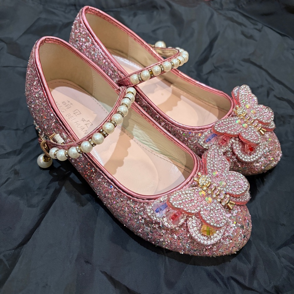 Girls Dress Shoes Mary Jane Princess Shoes Glitter Pearl Flower Wedding Party
